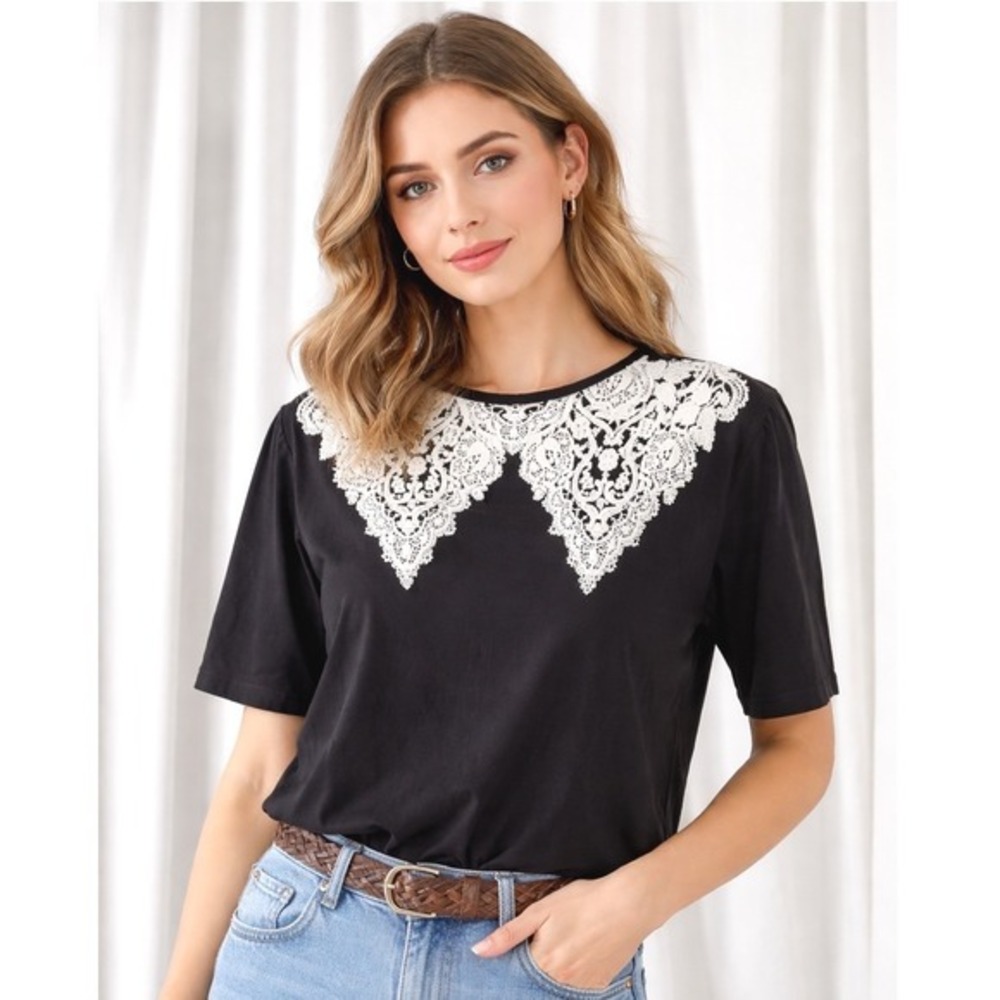 Zara Black Faux Lace Applique Short Sleeve Top Puffed Shoulder M Chic 83-26